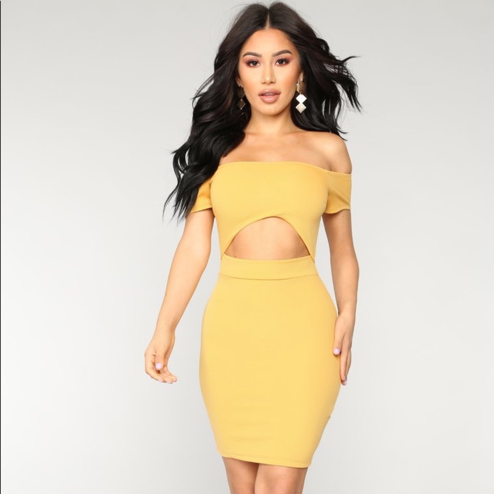FASHION NOVA MUSTARD CUTOUT DRESS